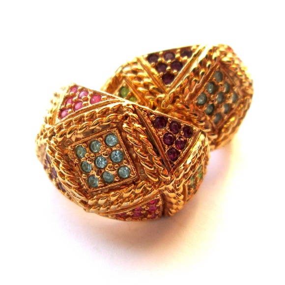 ✨ D'ORLAN 22K Gold Plated Pastel Multicolour Swarovski Crystal Half Hoops Signed - Picture 15 of 15